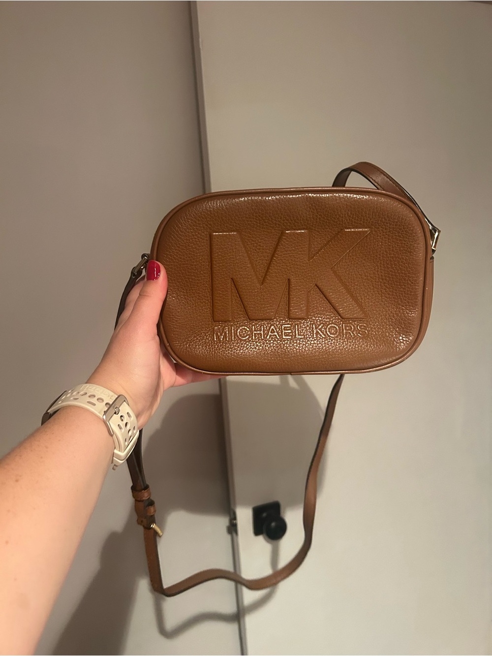 Michael Kors Tan Pebbled Leather MK Logo Crossbody Bag
